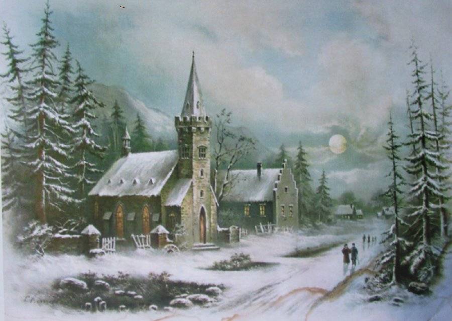 Winter Church Old Village Scene, by William Chandler