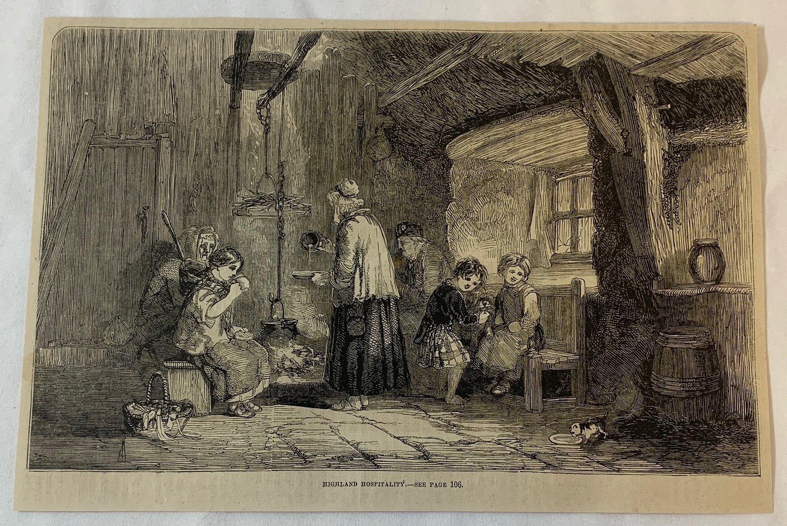 1877 magazine engraving ~ HIGHLAND HOSPITALITY serving food from an open fire