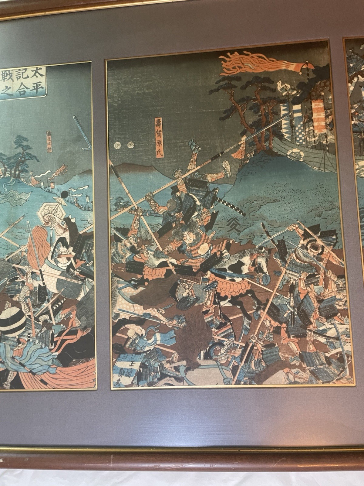 Antique SADAHIDE Japanese Woodblock 1860 Battle Of Yashima Triptych
