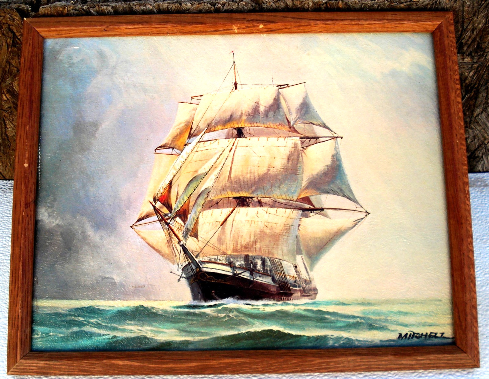 Vtg CLIPPERSHIP Off The Headlands LITHO Signed MITCHELL Framed 15″ x 12″ 1960s?