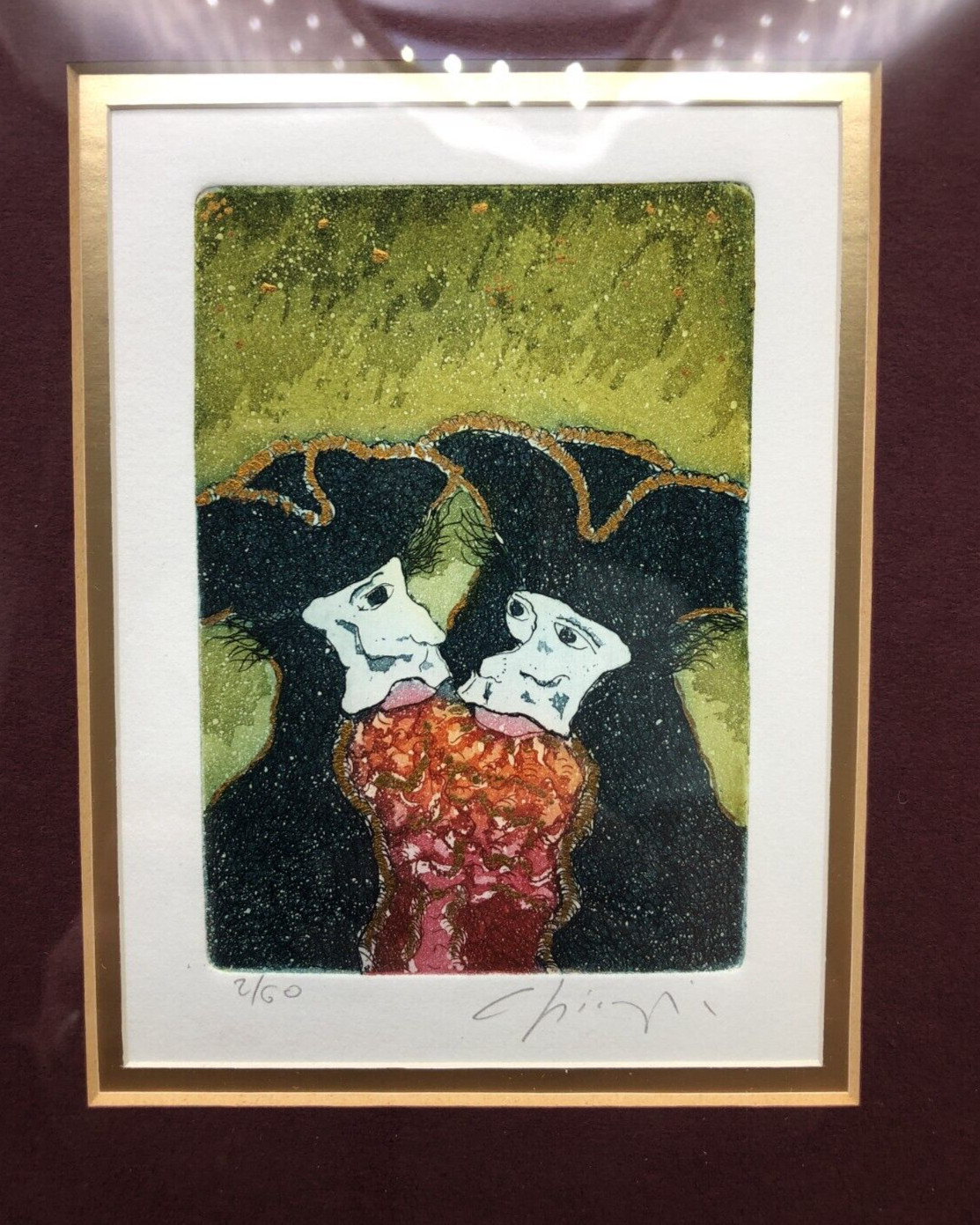 Artist Signed Print 2/60 Carnival of Venice Men in Bauta Masks 4 3/4 ” x 3.5 “