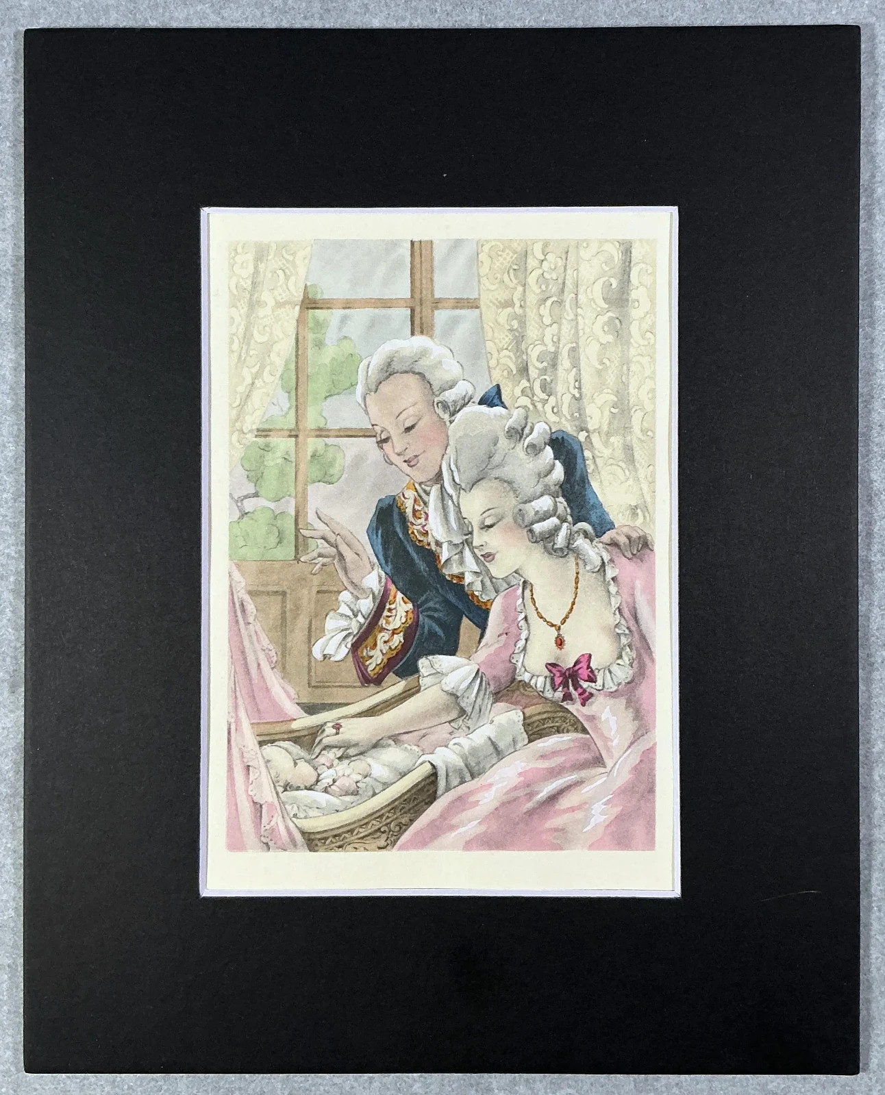 Art Deco :The Cradle, Rococo Lullaby. Brunelleschi Original Pochoir 1948 Matted