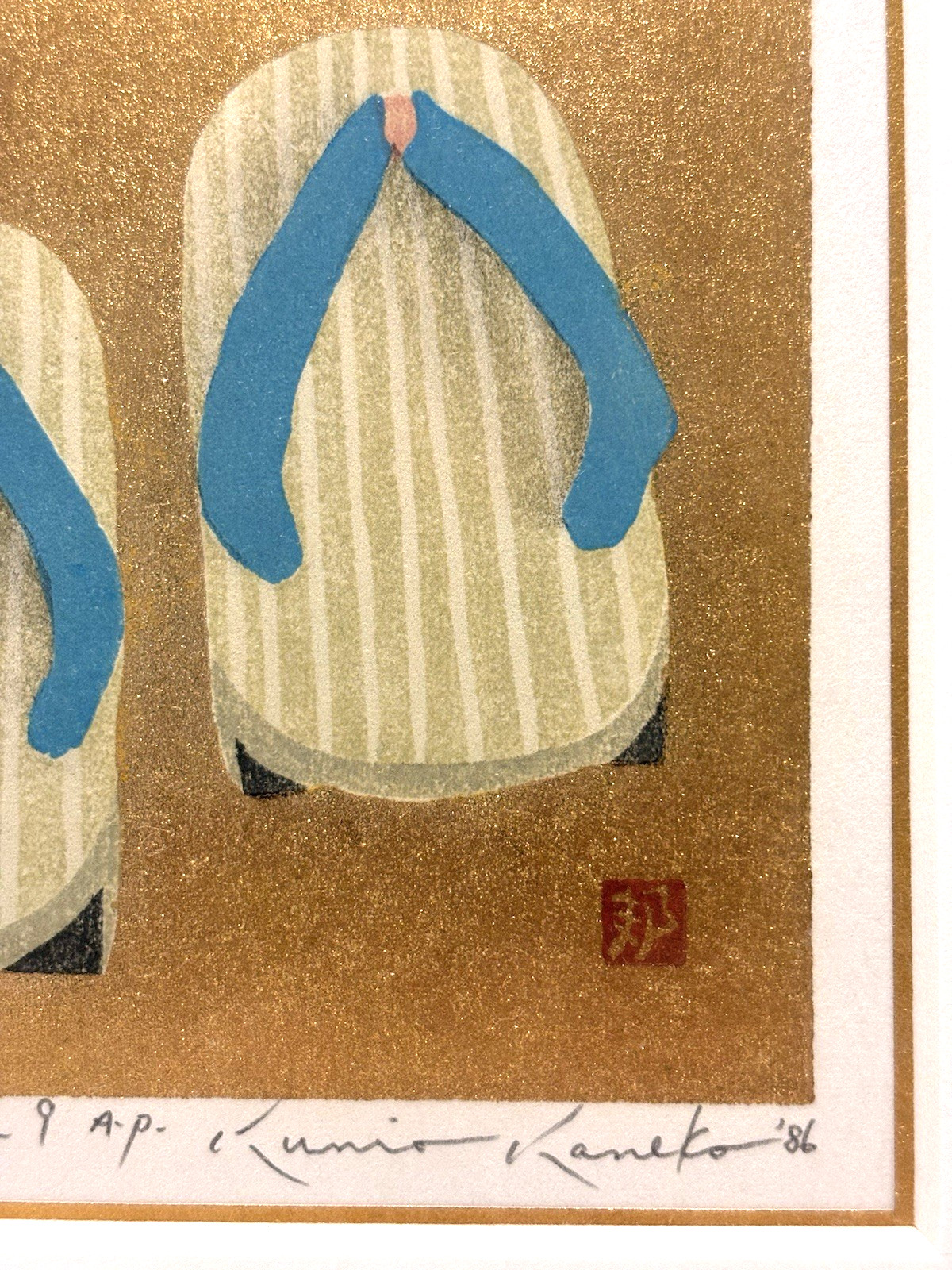 JAPAN WOODBLOCK GOLD FRAME KUNIO KANEKO A.P. 1986 CULTURAL FINE ART DECOR GIFT
