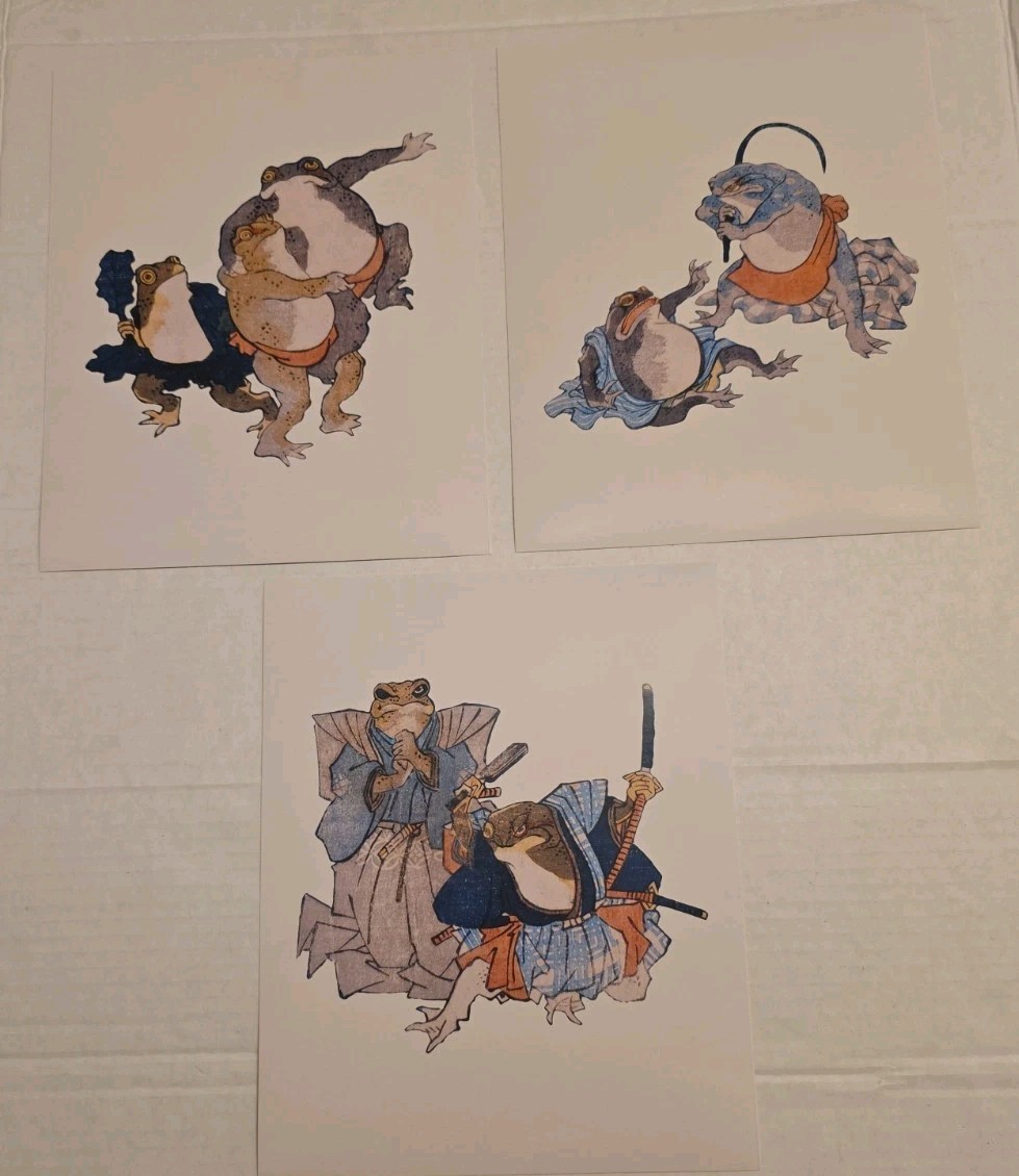 Vintage Japanese Frog Art Prints Set of 3 Samurai Ukiyo-e Woodblock Style