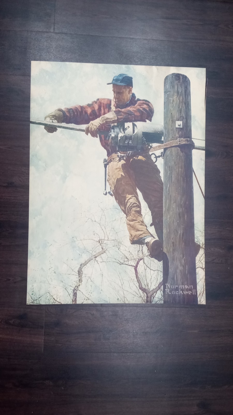 Norman Rockwell Collotype Telephone Lineman Arthur Jaffe 1940s 31-3/4 x 23-5/16