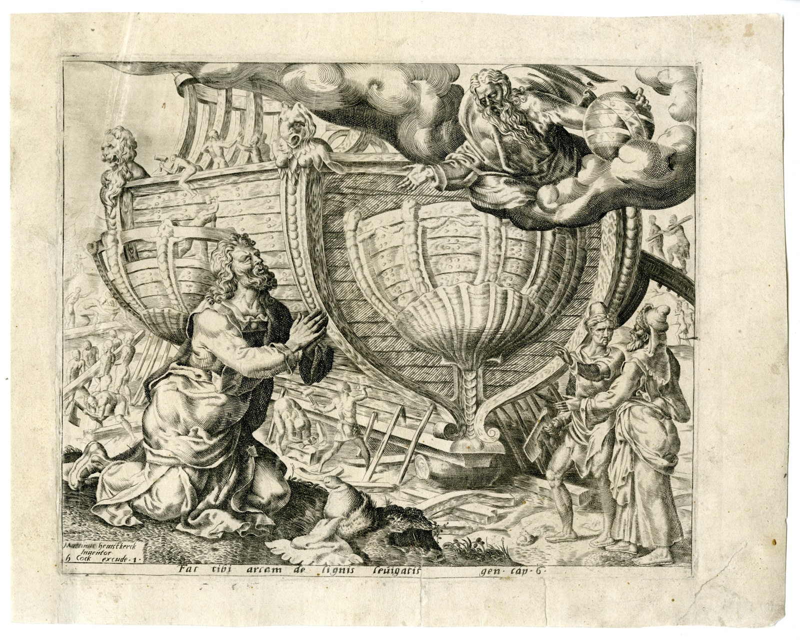 Antique Master Print-NOAH-GOD-ARK-COMMANDMENT-Cort-Heemskerck-c.1558-1560