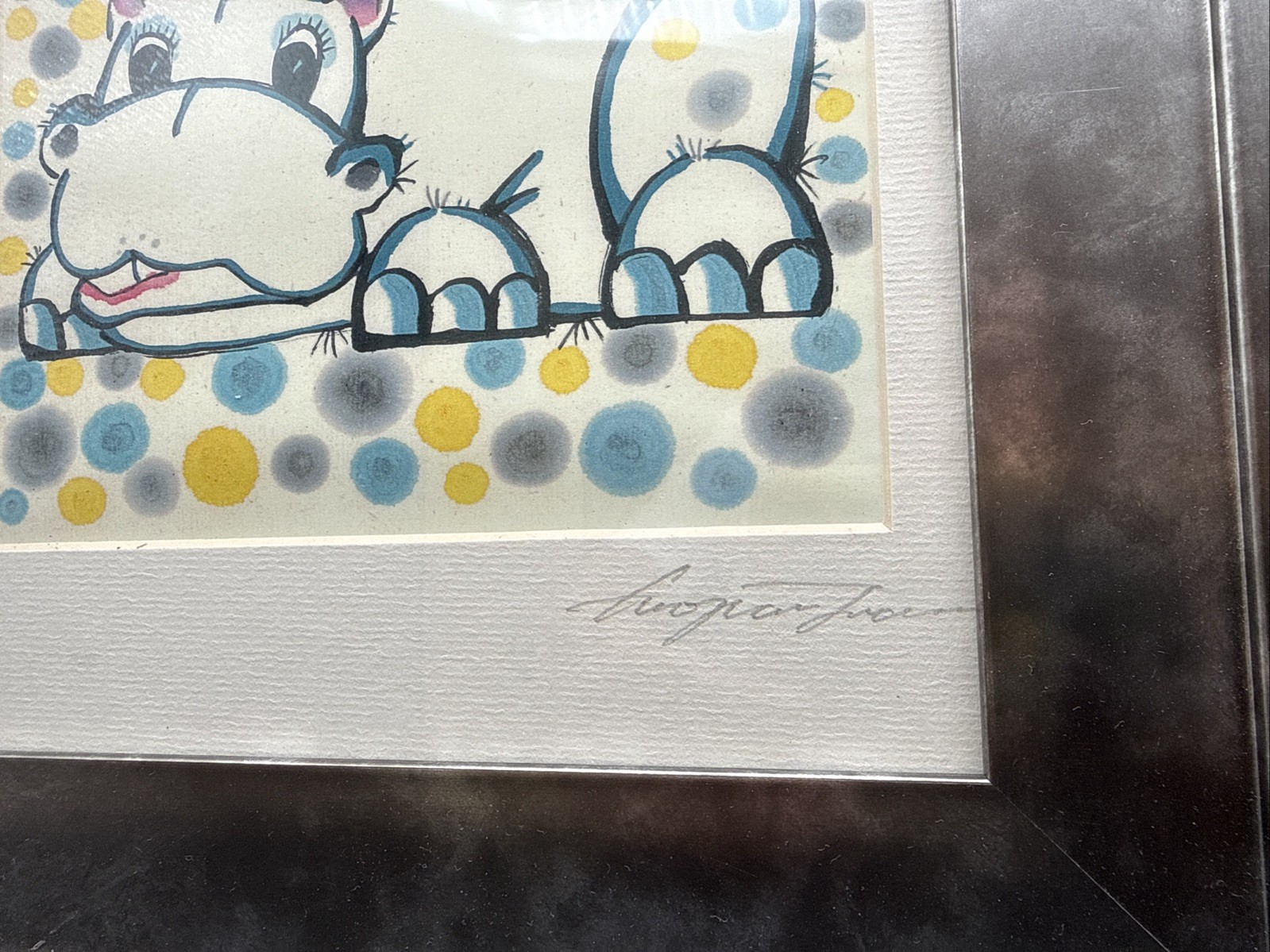 Whimsical Hippo & Fox Framed Watercolors Modernist Dots Kid’s Room Decor 13×11
