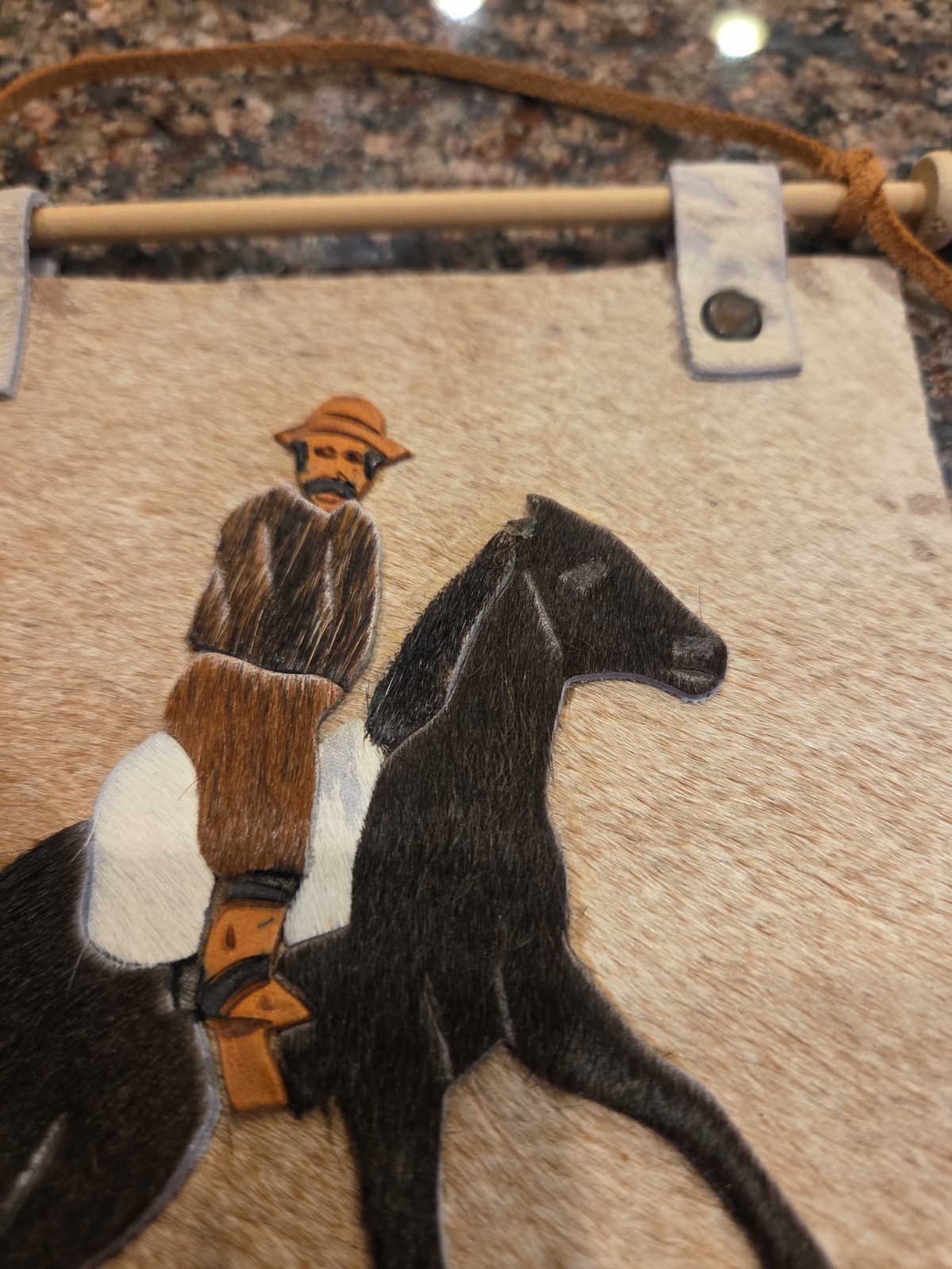 Argentina Leather Sign Art 6″ x 6.75″ Brown Tan Color Cowboy On Horse Sign