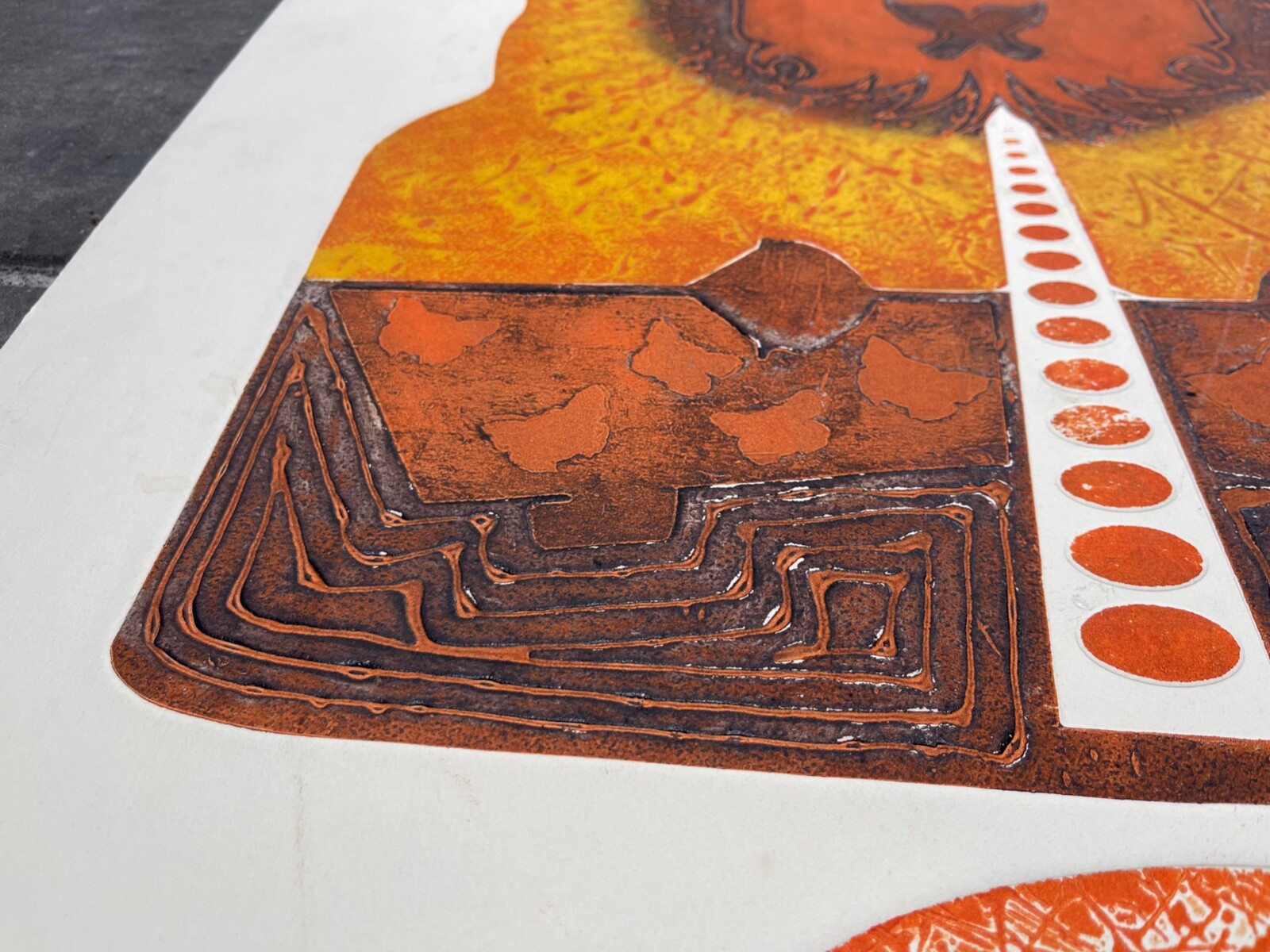 Vintage Abstract Orange Rust Brown Embossed Print Modern Art Wall Hanging Signed