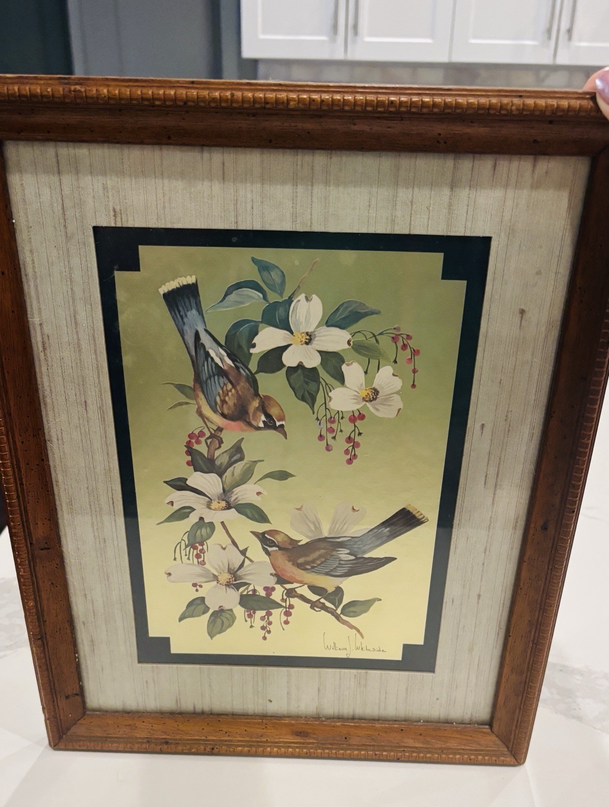 Vintage Foil Art Print William J. Whiteside Birds On Dogwood 15.5 X 12 Inches