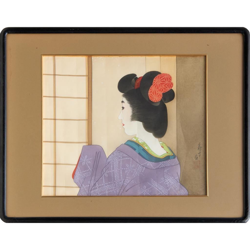 Vtg Japanese Portrait Gouache on Silk, Woman in Purple Kimono, Framed, 29 x 23