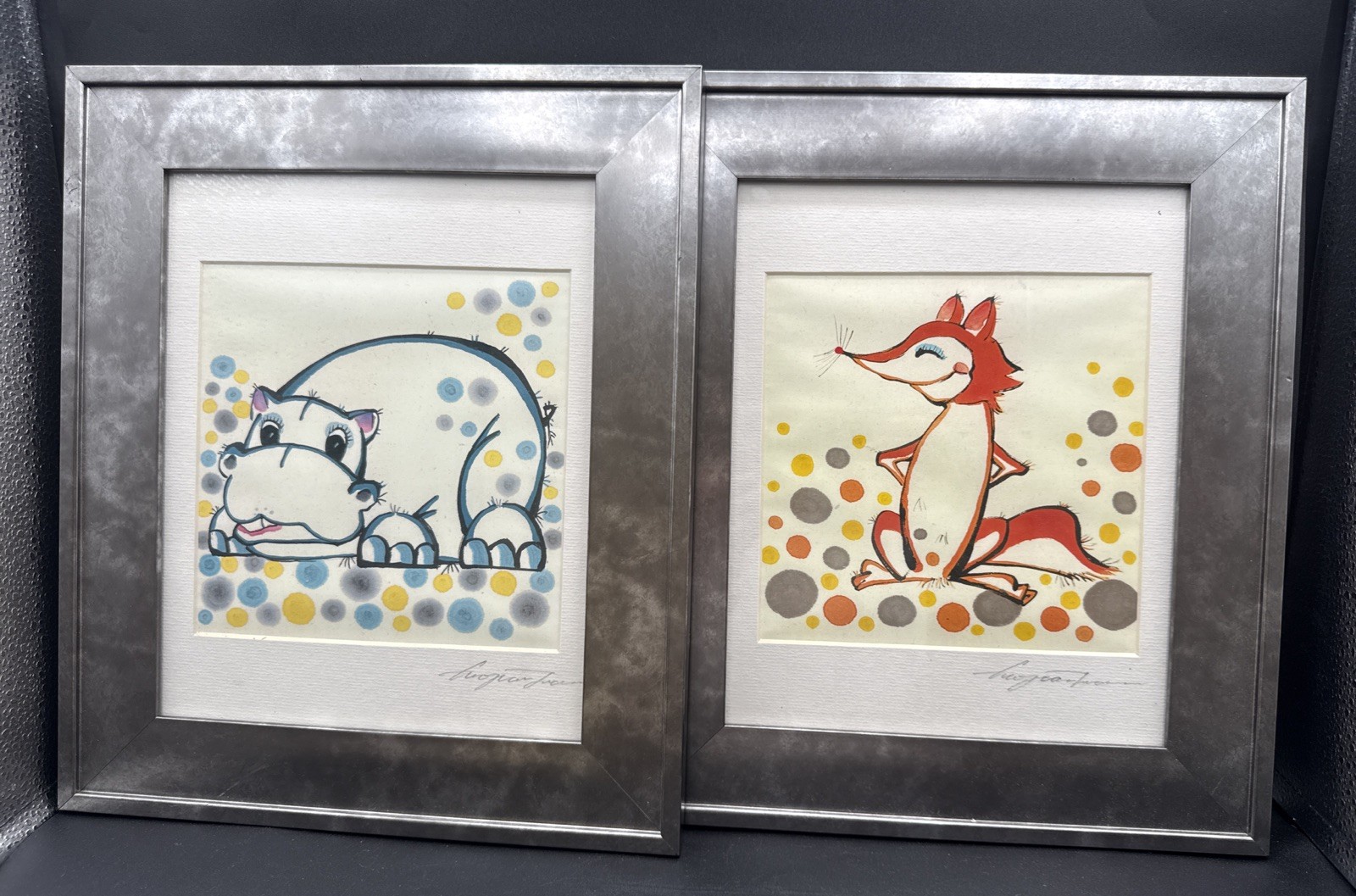 Whimsical Hippo & Fox Framed Watercolors Modernist Dots Kid’s Room Decor 13×11