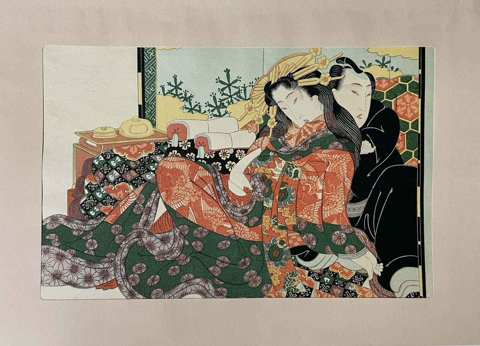 Japanese reprint Woodblock print Abunae, Ukiyoe, Shunga, Oiran by Eisen 14×9.8in