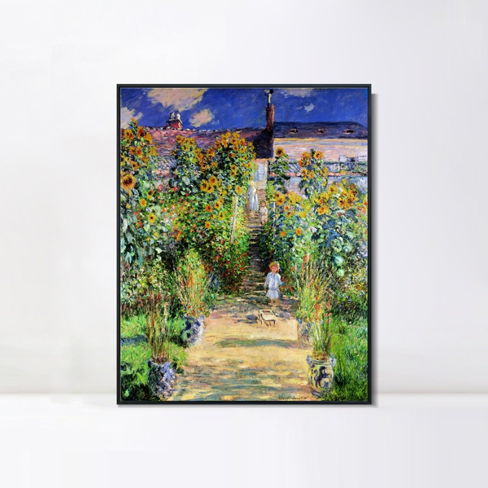 Framed Canvas Giclee Print Wall Art Monet’s garden at Vetheuil by Claude Monet