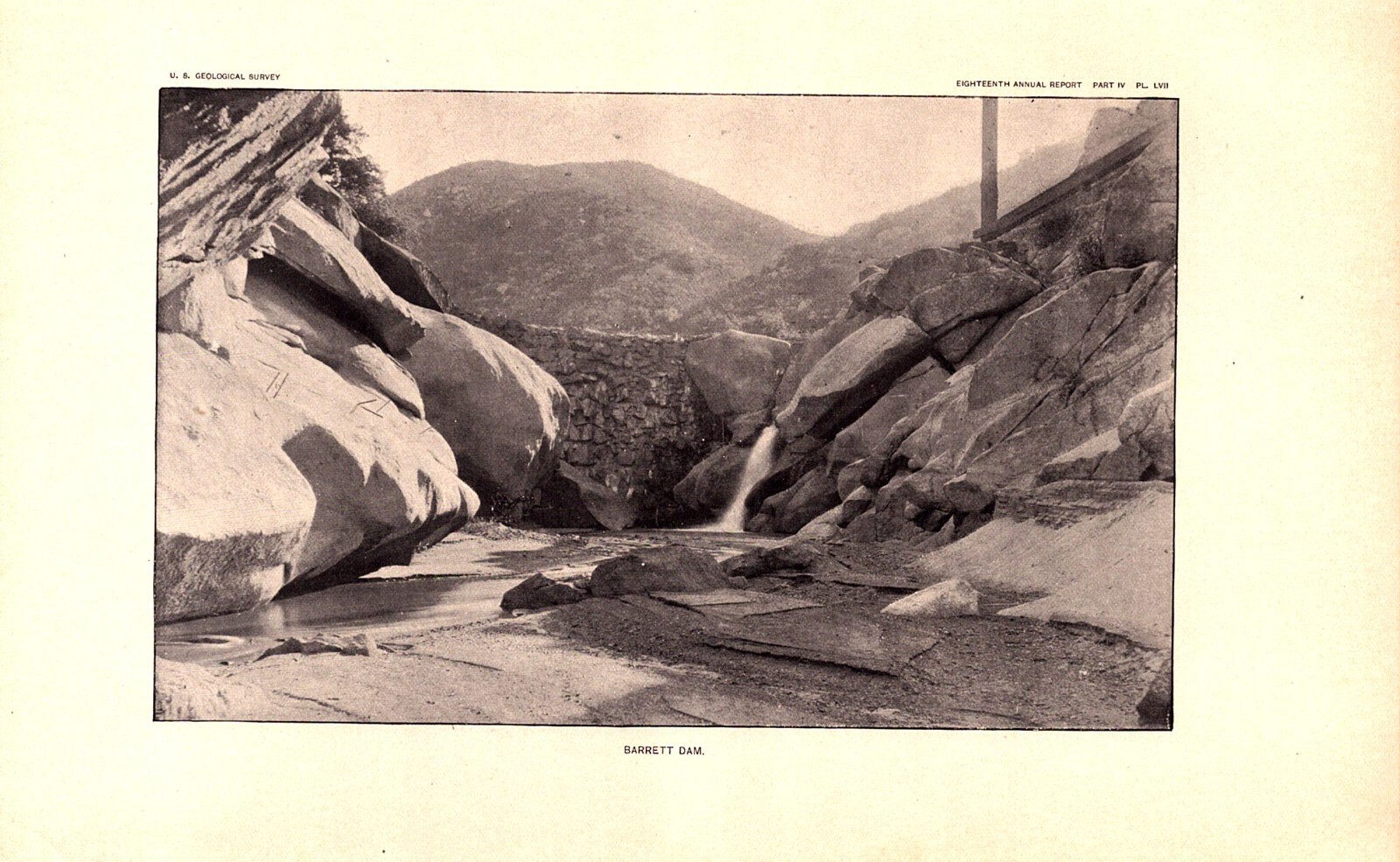 BARRETT DAM SITE, CALIFORNIA Antique hydrography print 1897
