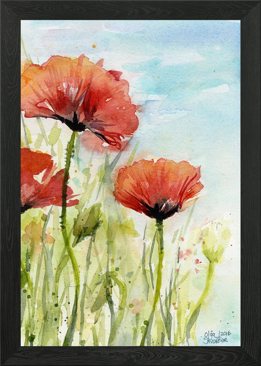 Poppy Field Watercolor Framed Wall Art Poster Canvas Print Picture