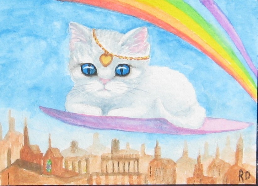ACEO Fantasy Cat Art Print – Princess Hannah on Her Flying Carpet rainbow