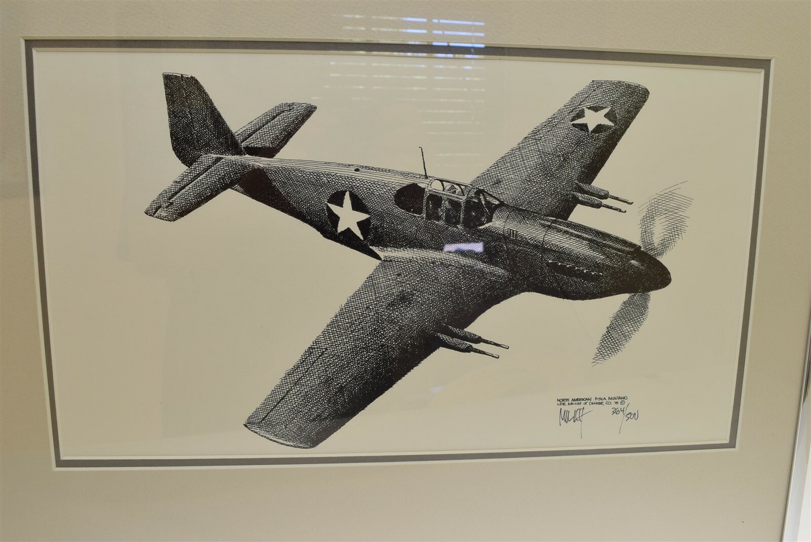 North American P-51 A Mustang Airplane Print Milich 1978 # 364/500 Framed Signed