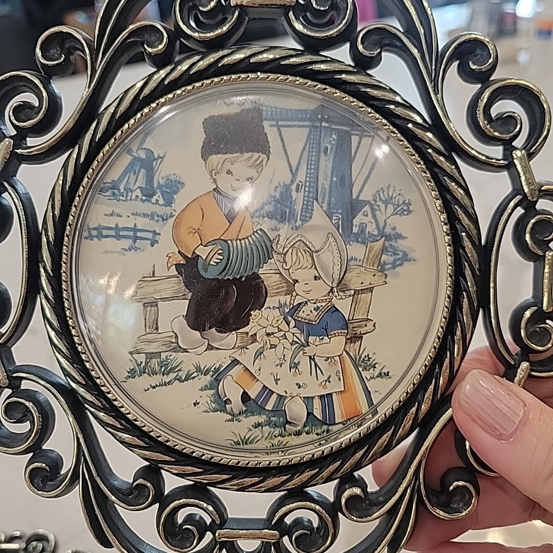 Set of 2 Vtg Dutch Children prints in Plastic Bubble Frames with metallic finish