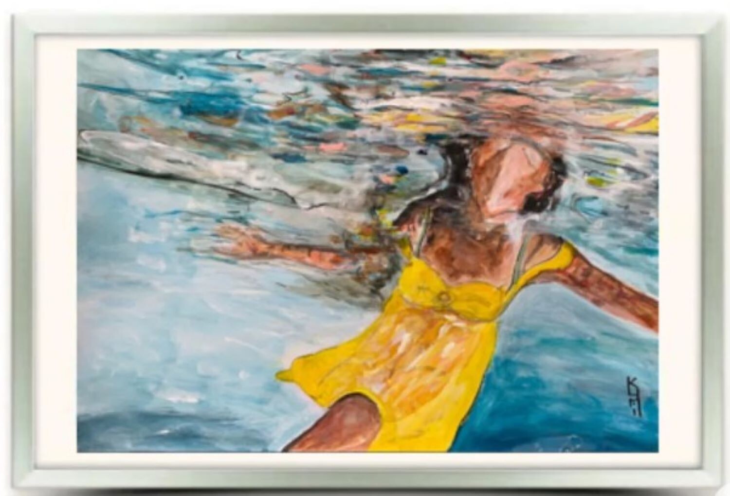 Underwater Swimmer Woman Swimming Blue Screen Numbered Print Original Painting