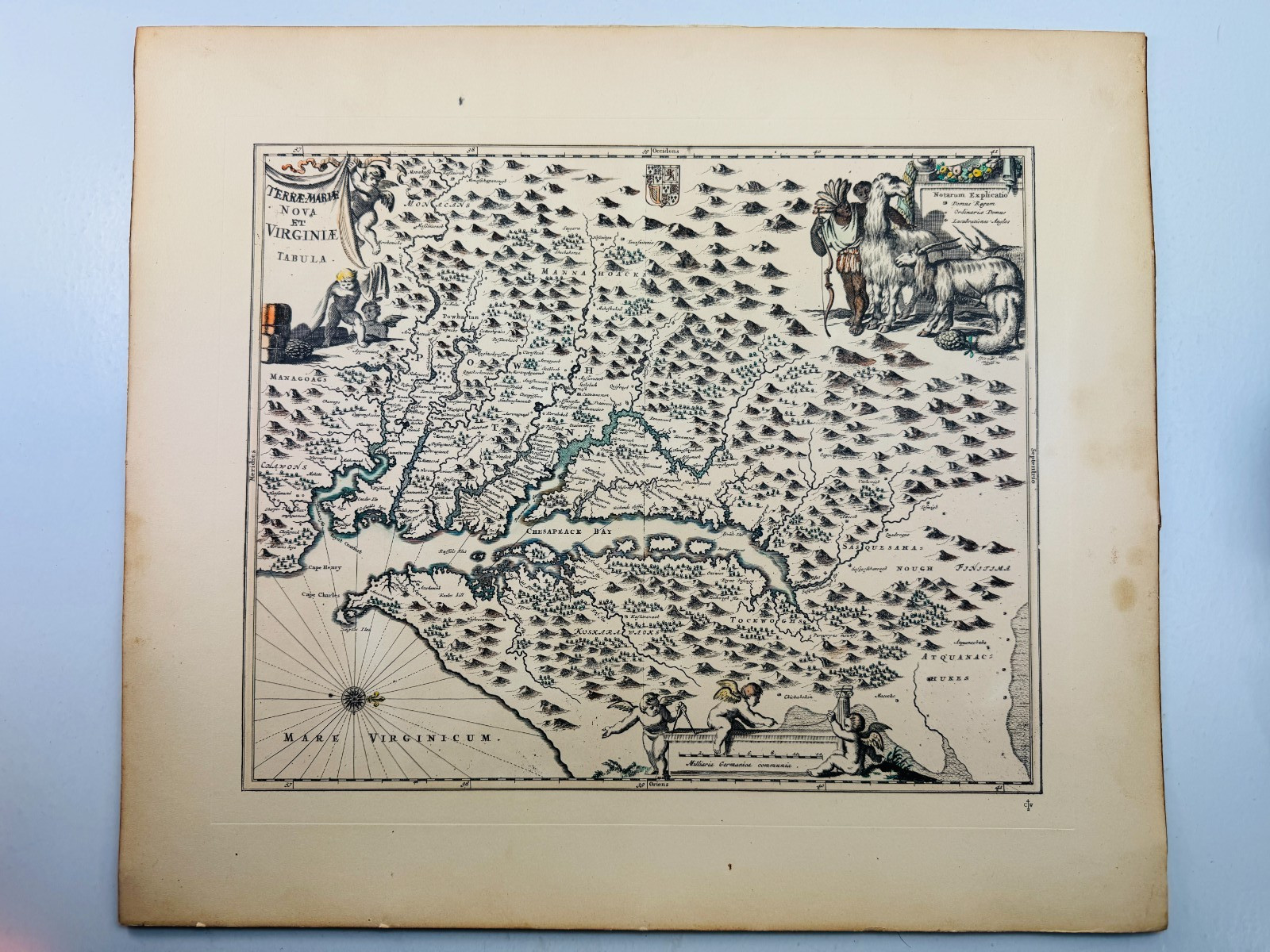 Antique Hand-Tinted Virginia Map Terre Marie Et Tabula Etching 18″x15.75″ Flat