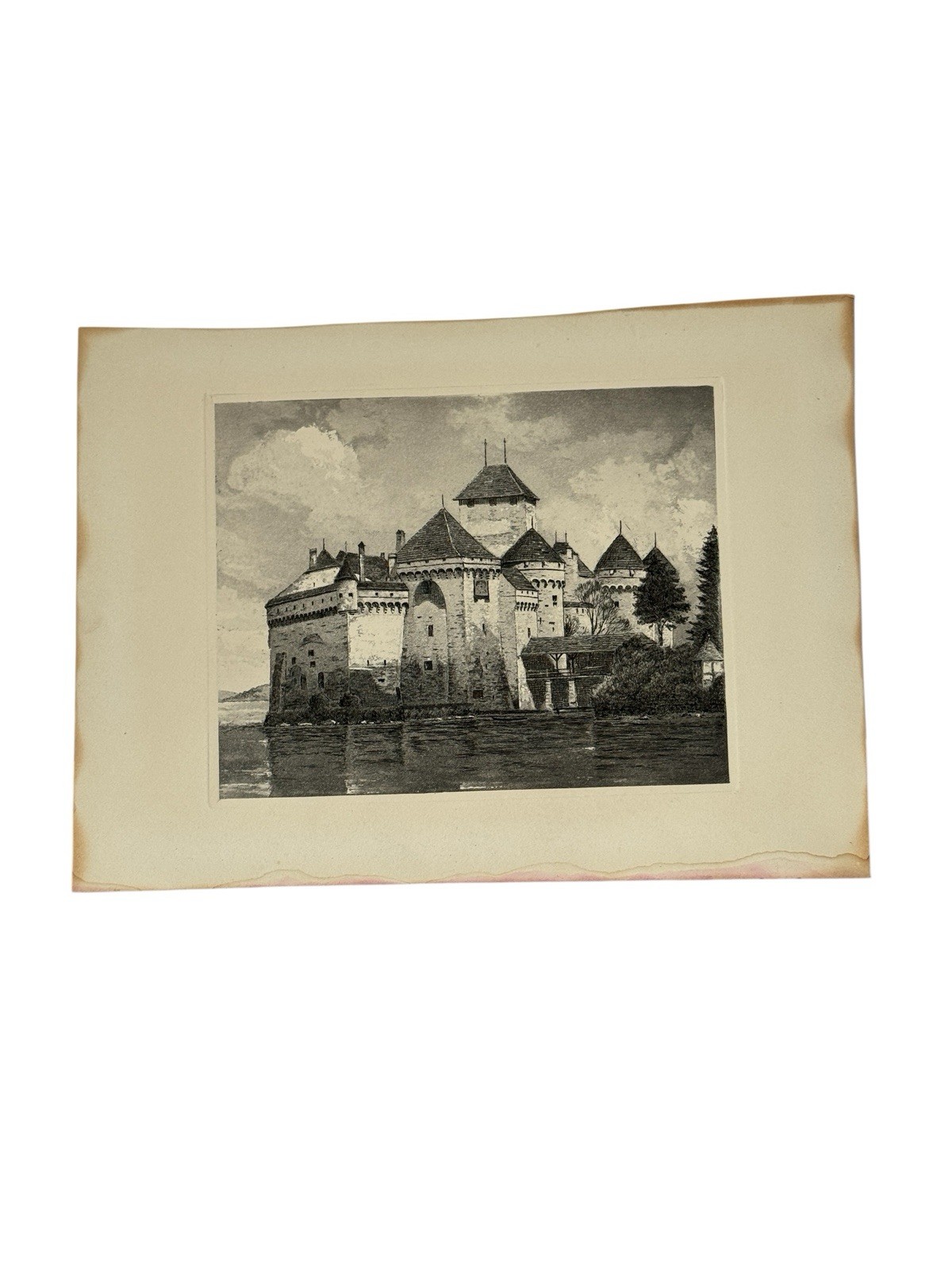 Antique Engraving CHILLON CASTLE, LAKE GENEVA, SWITZERLAND-ca. 1890