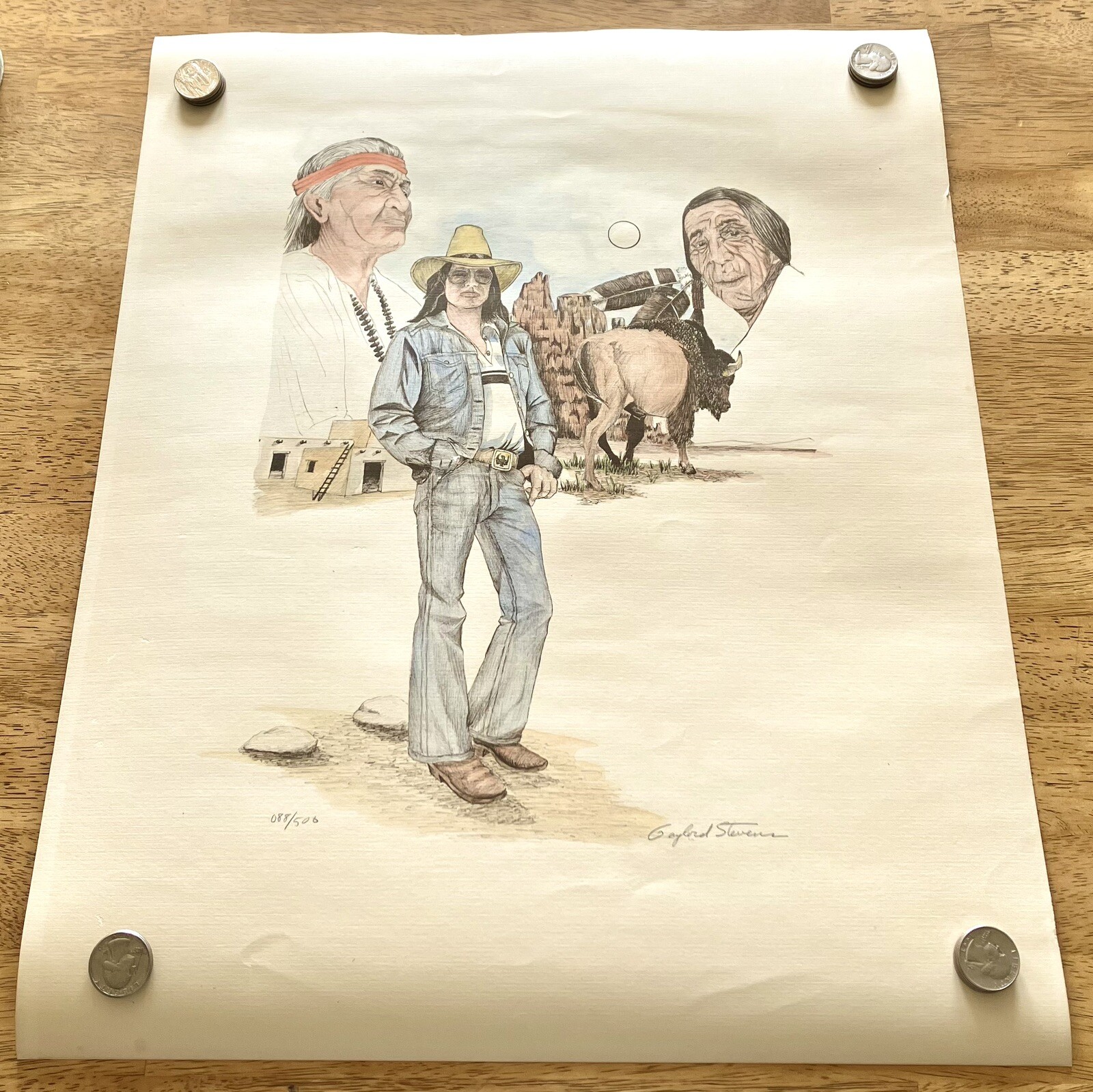 Gaylord Stevens Print 1970’s Native American Buffalo Signed and Numbered 088/500