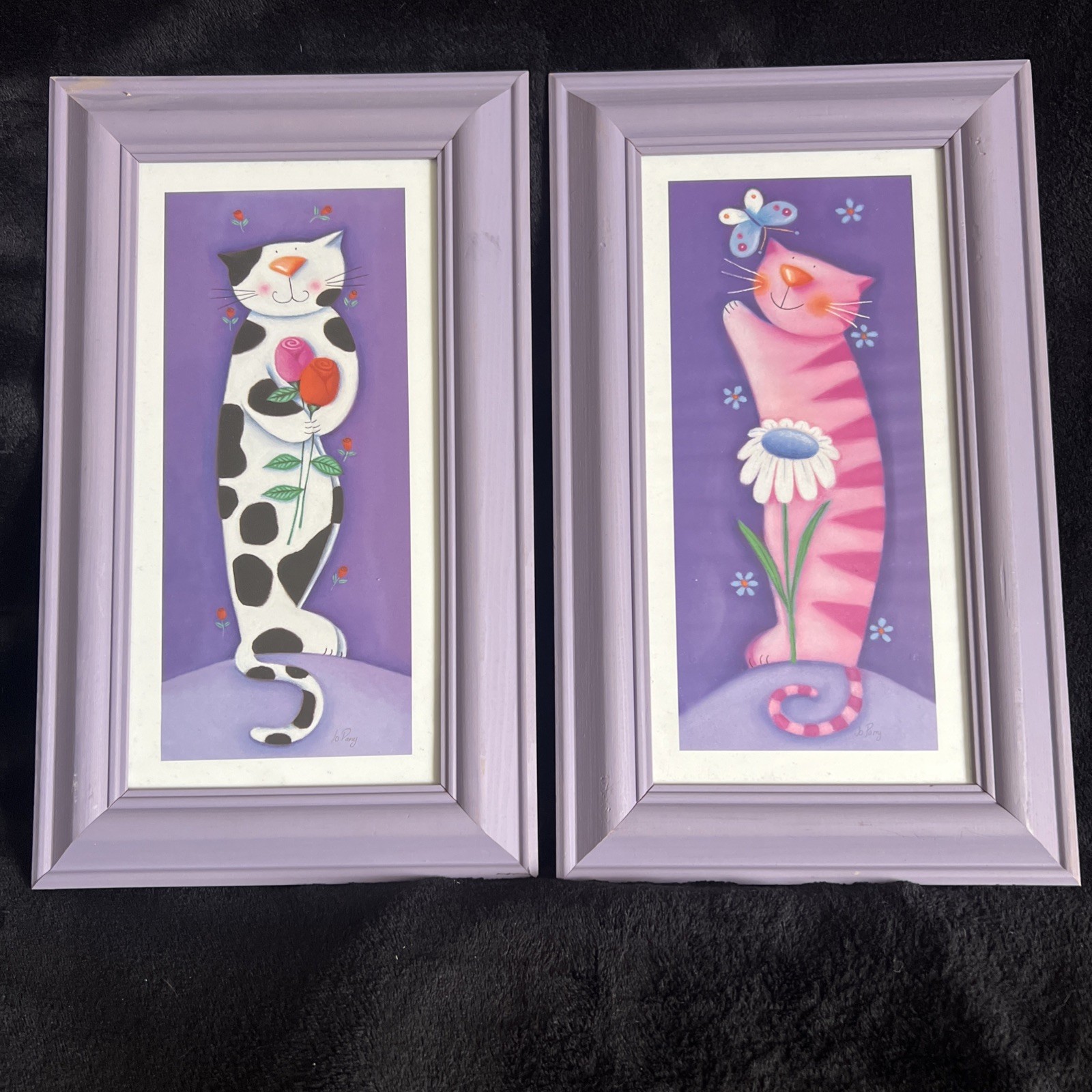 Jo Parry ~ Signed Pair of Whimsical Cat Art Prints Purple Frames 38x23cm each