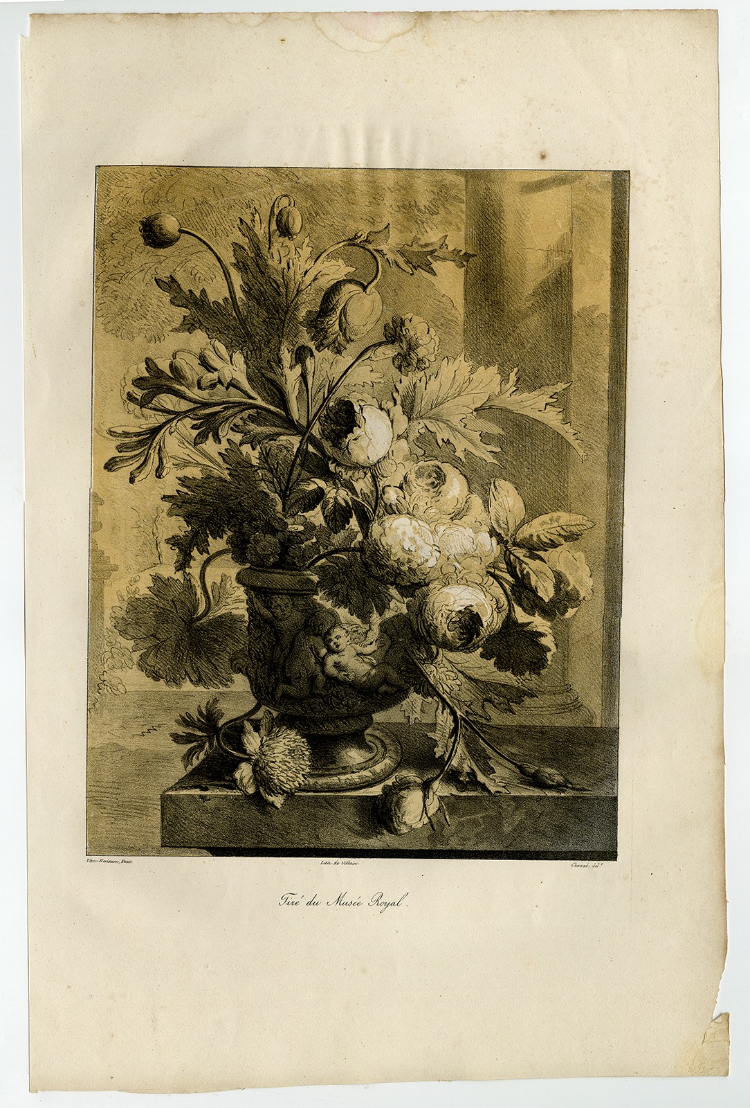 Antique Print-A large flowerpiece-early lithography-Huysum-Chazal-1824