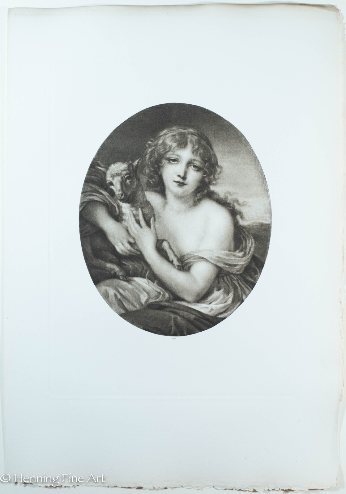 Antique Jean Baptiste Greuze Photogravure Engraving Portrait of Girl with Lamb