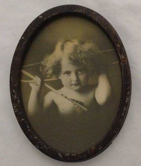Vintage Antique Cupid Awake Print Oval Tin Frame 3-1/2″x 4-1/2″