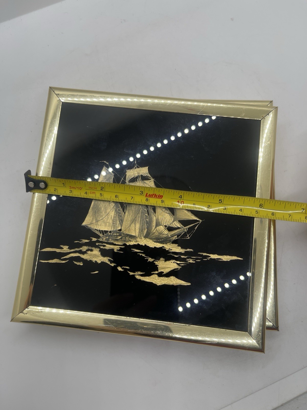 VTG Kafka Industries Gold Foil Art Etching Sailboat Ship Framed Pictures 1982 6”