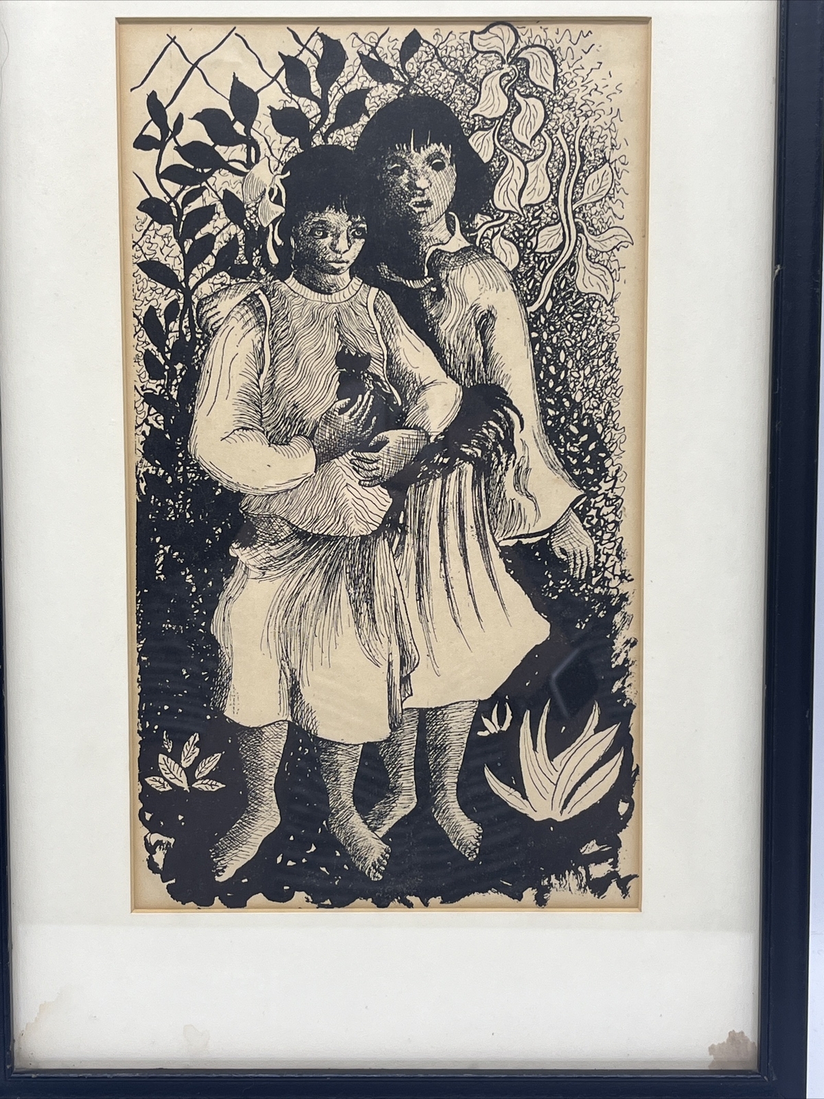 Vintage Etching Surreal Girls Holding Rooster Chicken Framed Unknown Artist