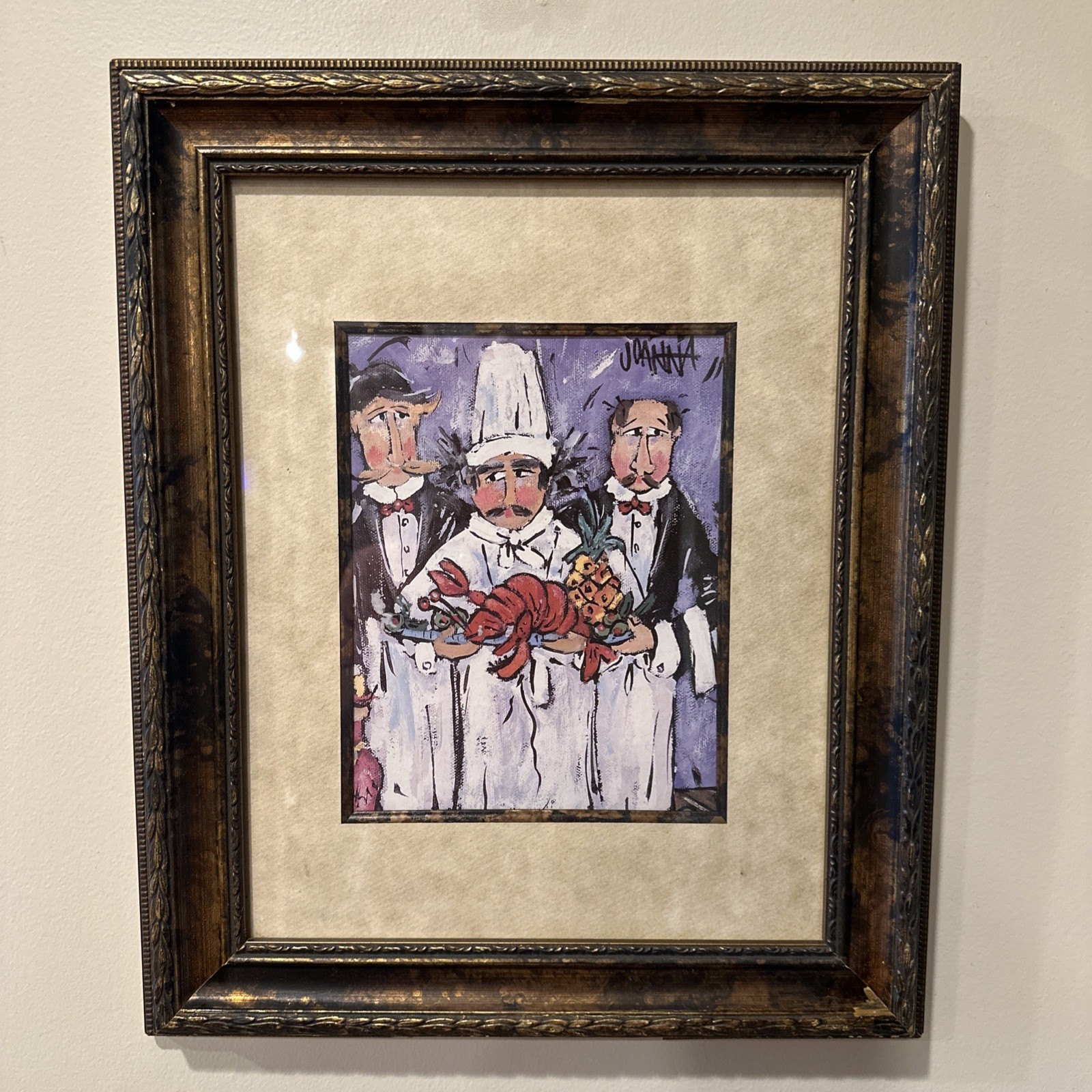 VINTAGE 3 CHEFS HOLDING A LOBSTER Matted & Framed ARTIST JOANNA 14×17”approx