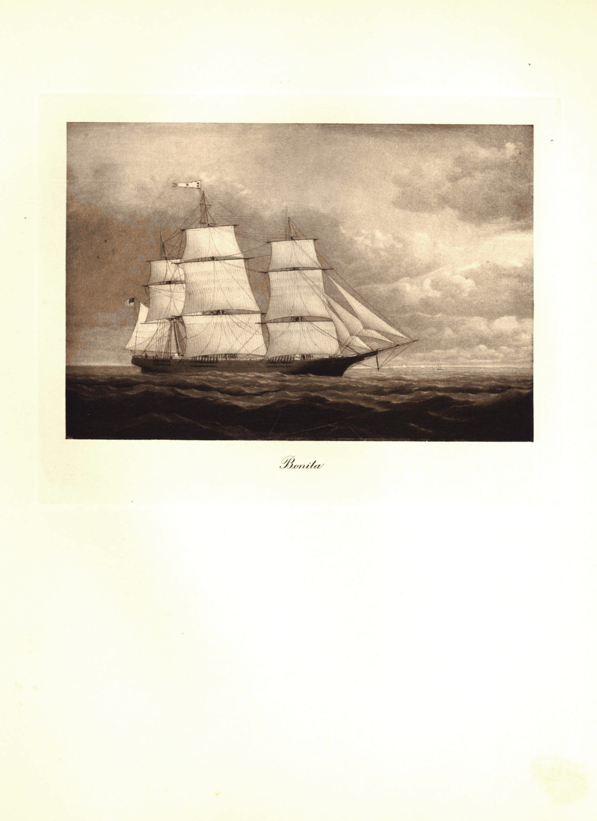 ORIGINAL ENGRAVING MEDIUM CLIPPER SHIP BONITA FROM OIL PAINITNG