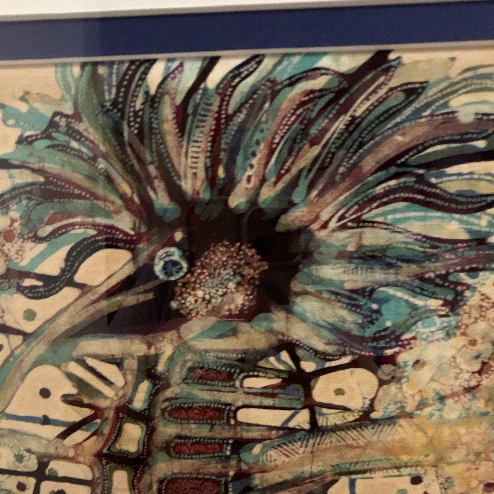 M. Yono Signed Abstract Batik on Cotten Print, Portrait Seahorse, Ocean creature