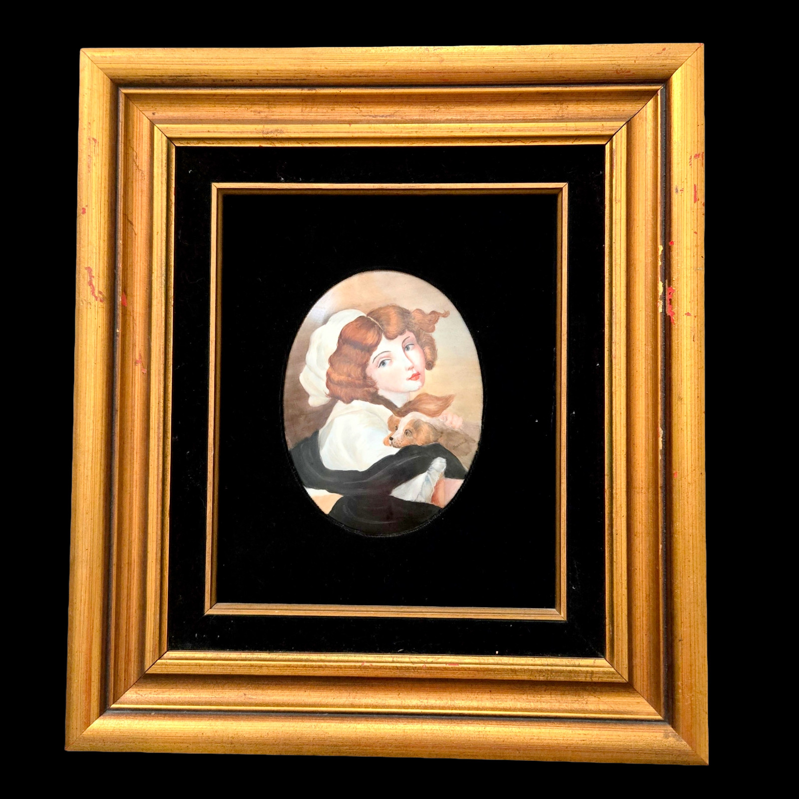 Portrait on Porcelain of a Young Girl With Little Dog by Jean Baptiste Greuze