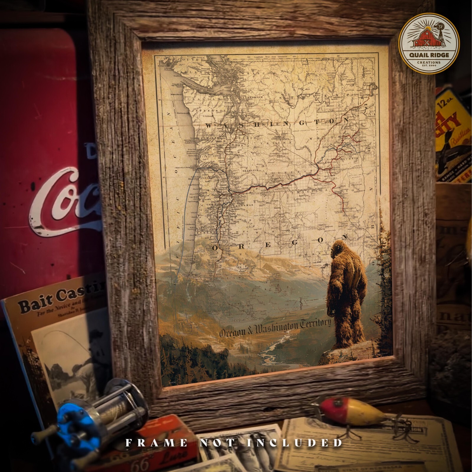 Sasquatch Bigfoot Art Print Vintage Washington Oregon State Map Wall Decor Gift