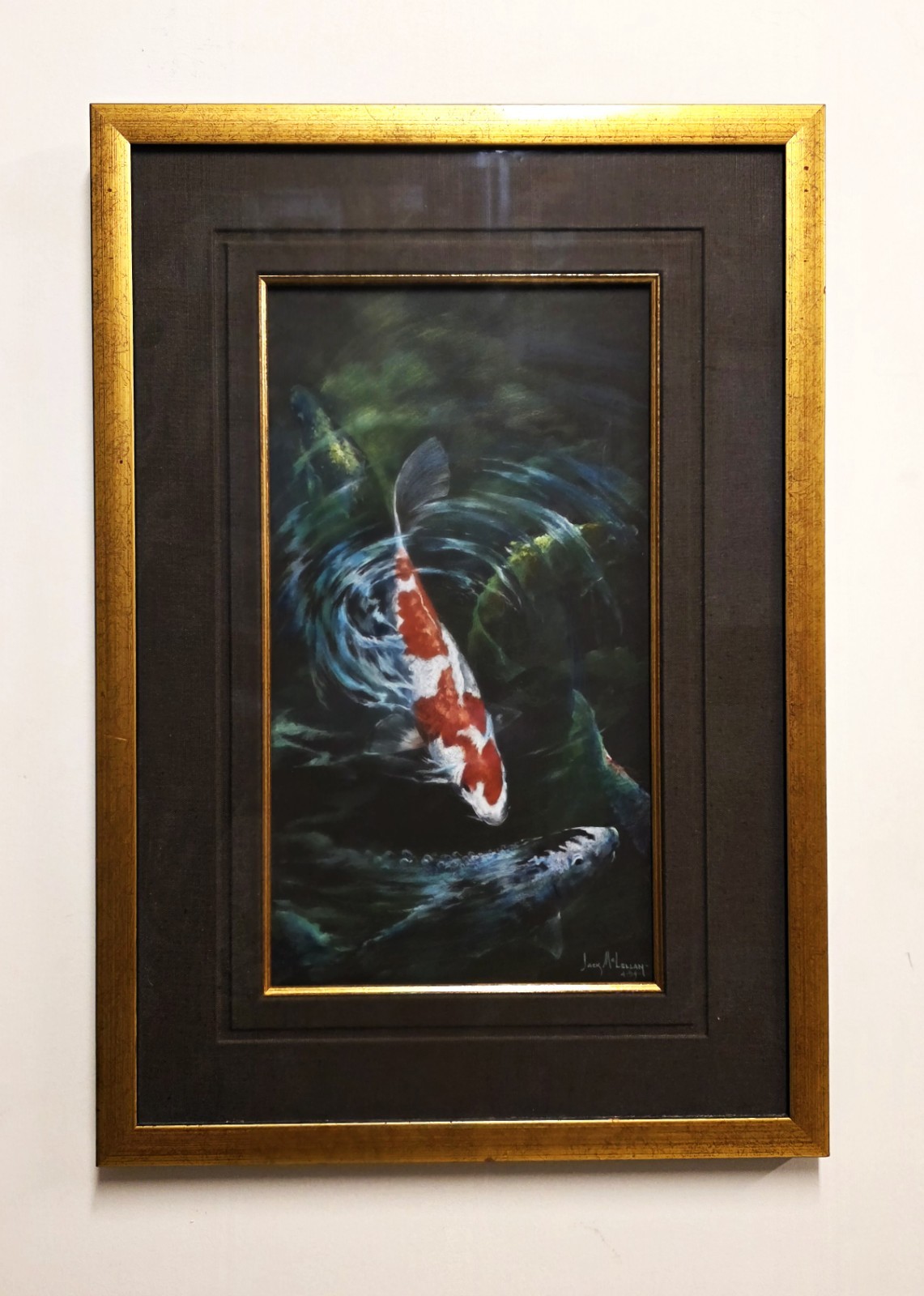 Fine Art Koi Fish Print Gallery Framed 17.25×25″ Luxe Linen Mat w Goldleaf Inset