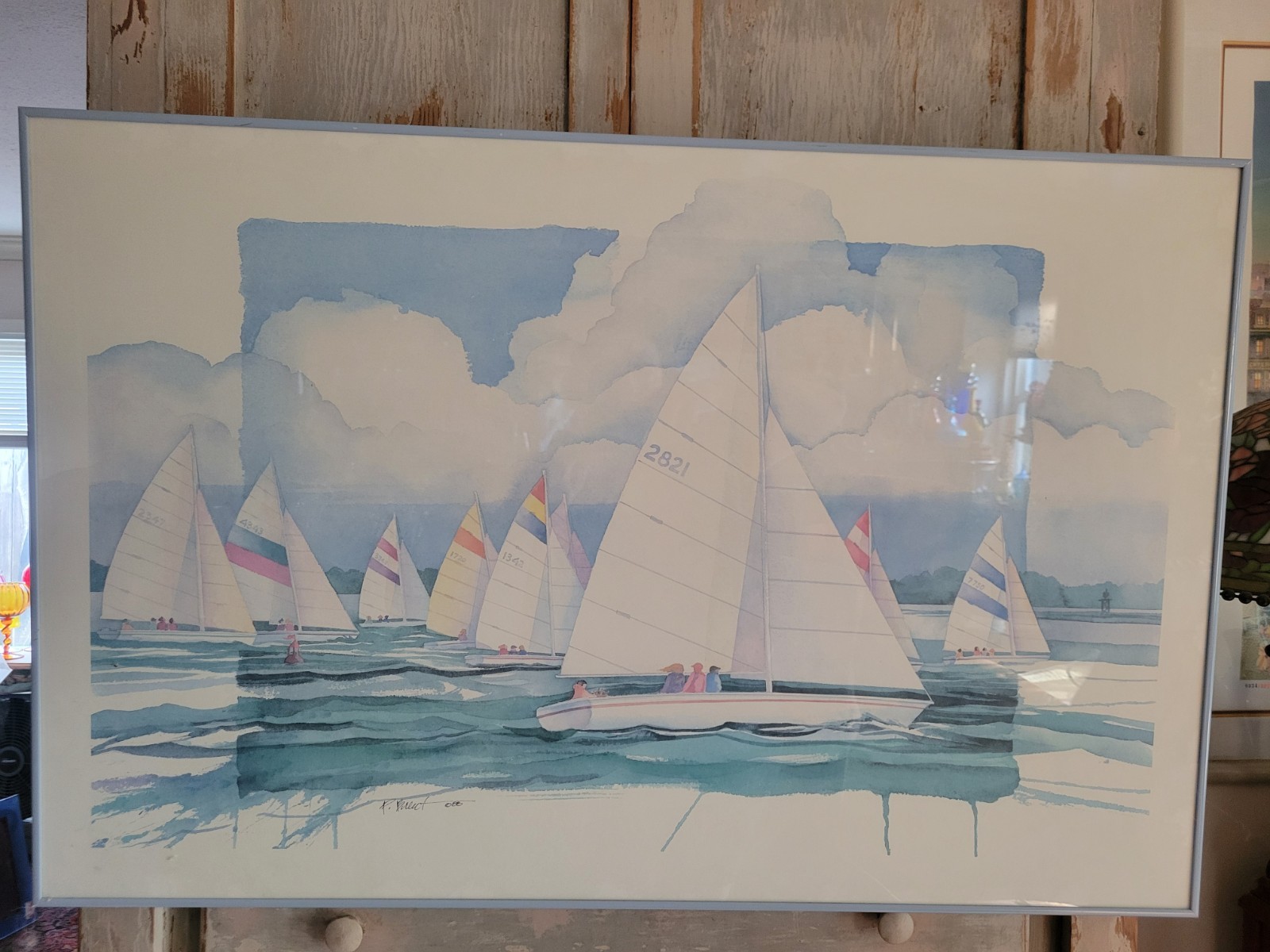 Large Paul Brent Vintage Nautical Sailboats Watercolor Print 25×38 Signed Framed