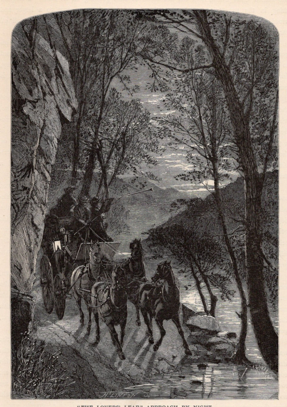 LOVERS’ LEAP – Moonlit Carriage Ride by Cliffside 1872 Antique Engraving