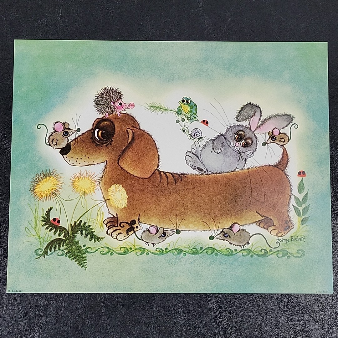 VTG Dachshund Weenie Dog Art Lithograph Print 1960s MC George Buckett 9.75”x7.75