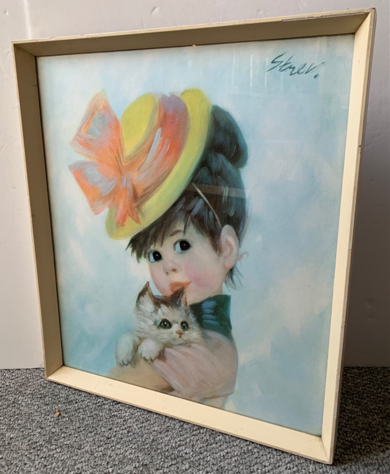 VINTAGE STREV MID CENTURY FRAMED PRINT HARRIET 1960’S JOHN STREVENS GIRL CAT HAT