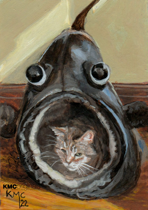 KMCoriginals PRINT Tabby Cat in Big Mouth Fish Bed feline Reproduction ACEO art