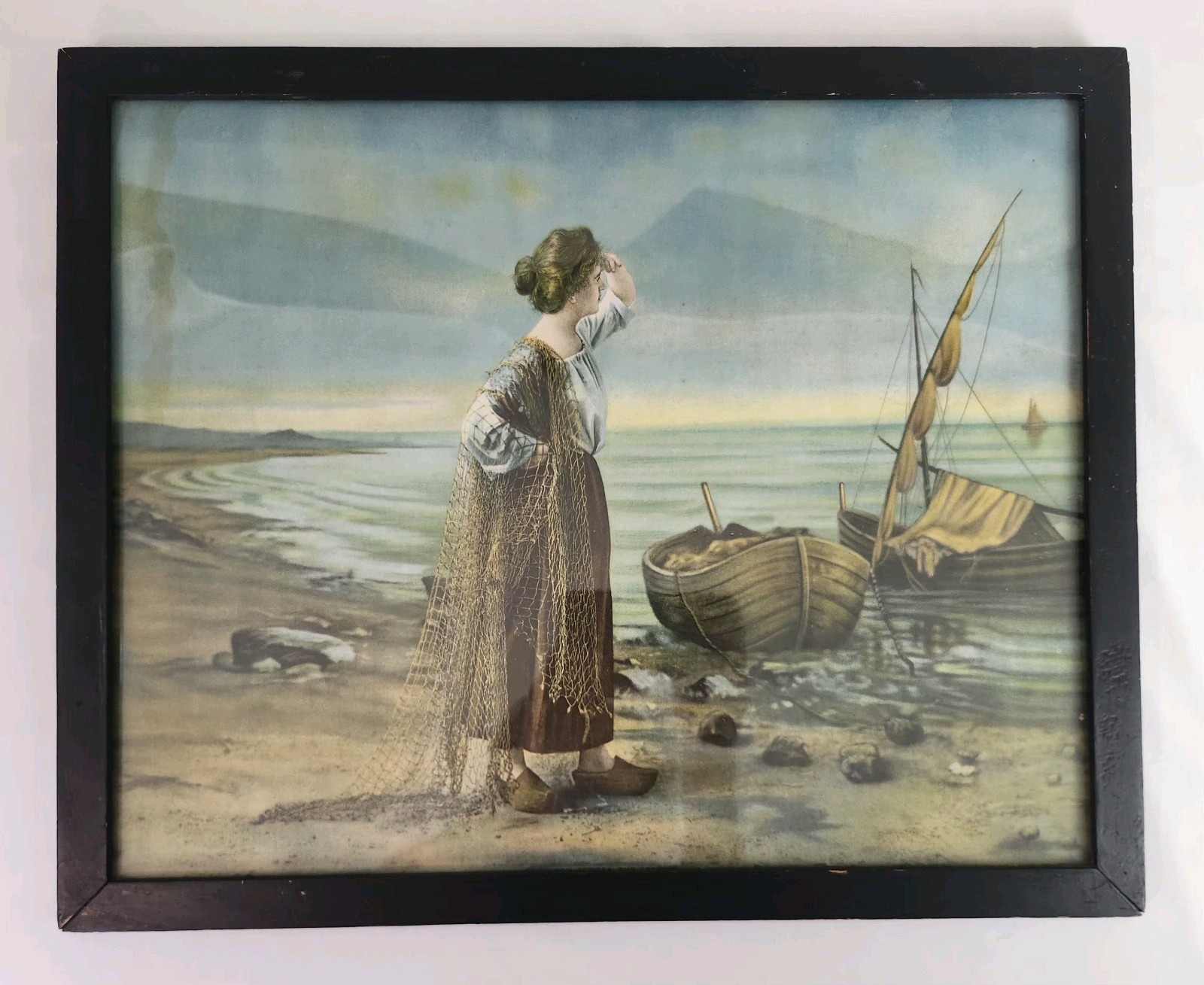 Antique Framed Print “From Across The Sea” Fisherwoman Nautical Wall Art 21″×17″