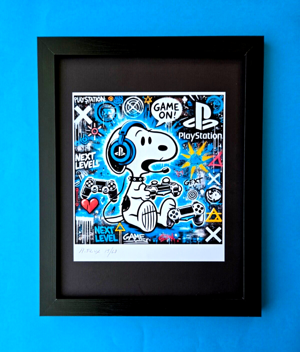 🔥AIDAN FLUX | Hand Signed Print Framed LtdEd of 69 COA SNOOPY PLAYSTATION GAMER