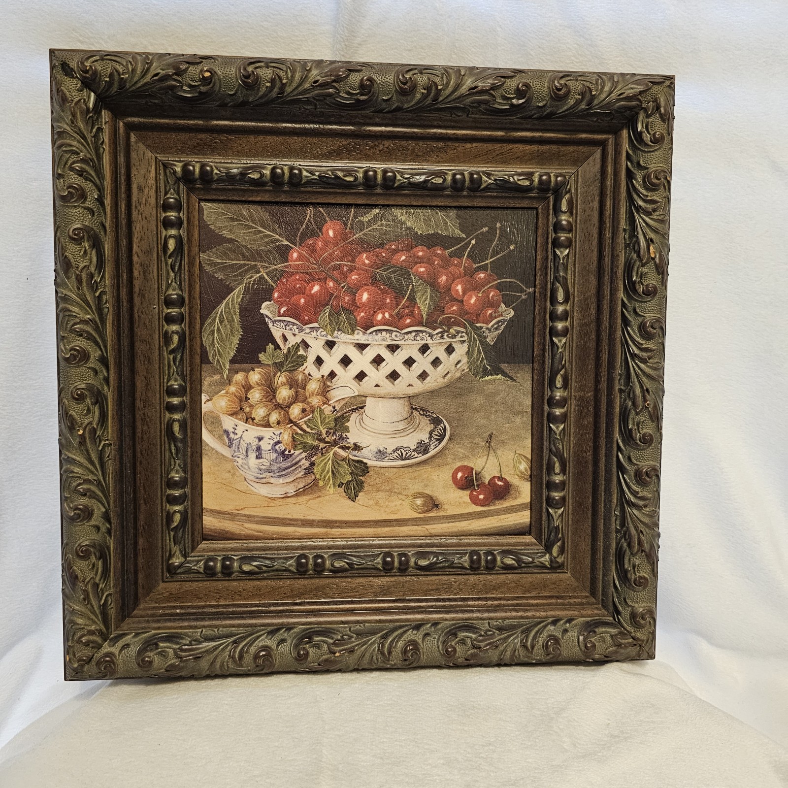 Still Life Of Cherries And Gooseberries In Faux Wood Frame. SOLD AS IS. 12.75X2″