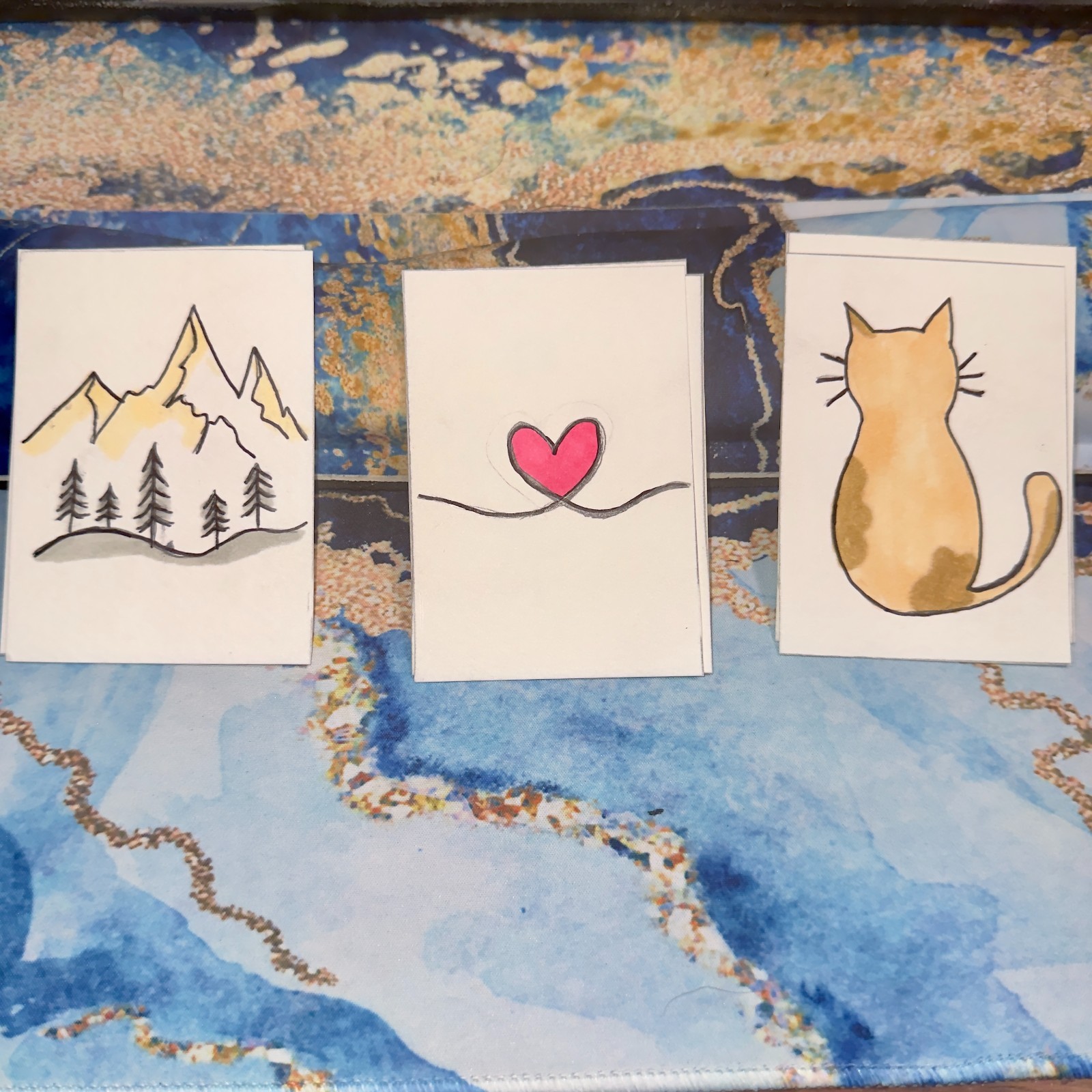 ACEO Set of 9 IllustrationS Art Paper Prints Cat Moon Waves Mountains Flowers