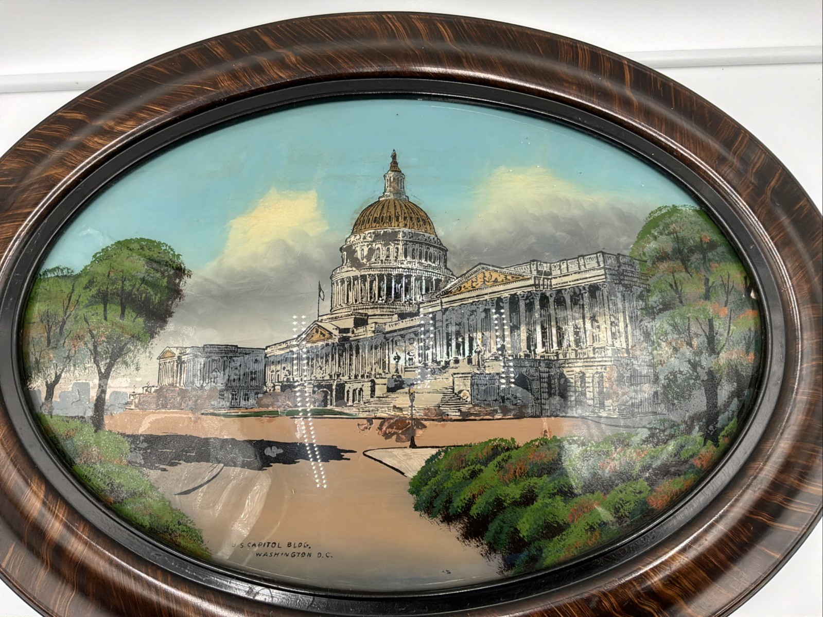 Vintage U.S. Capitol Washington DC Reverse Painted Convex Glass Oval Frame 24.5”