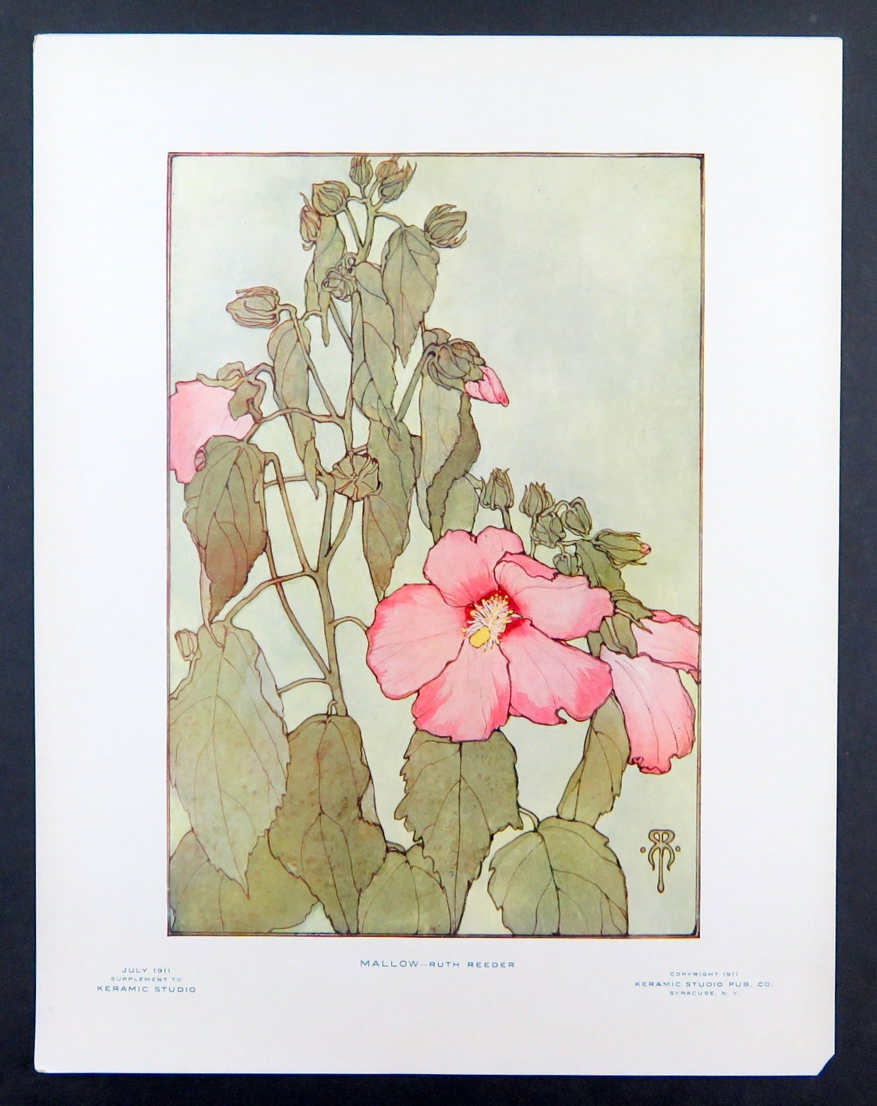 Vintage Floral Print, Pink Mallow, Keramic Studio 1911 botanical art 13×10